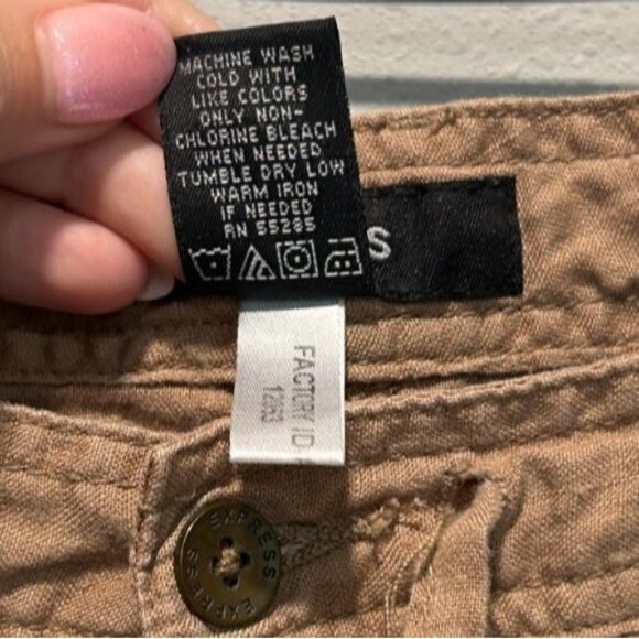 Express Womens Linen Cargo Pants 13/14 Cropped Tan Button Fly Drawstring Beach - Picture 4 of 11